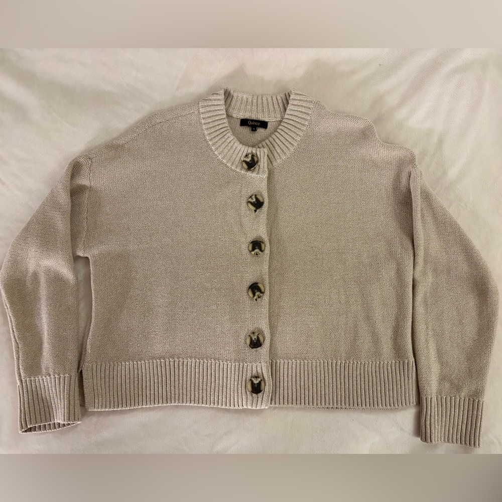 Quince 100% Organic Cotton Cropped Cardigan Sweater Oatmeal Marl Size S